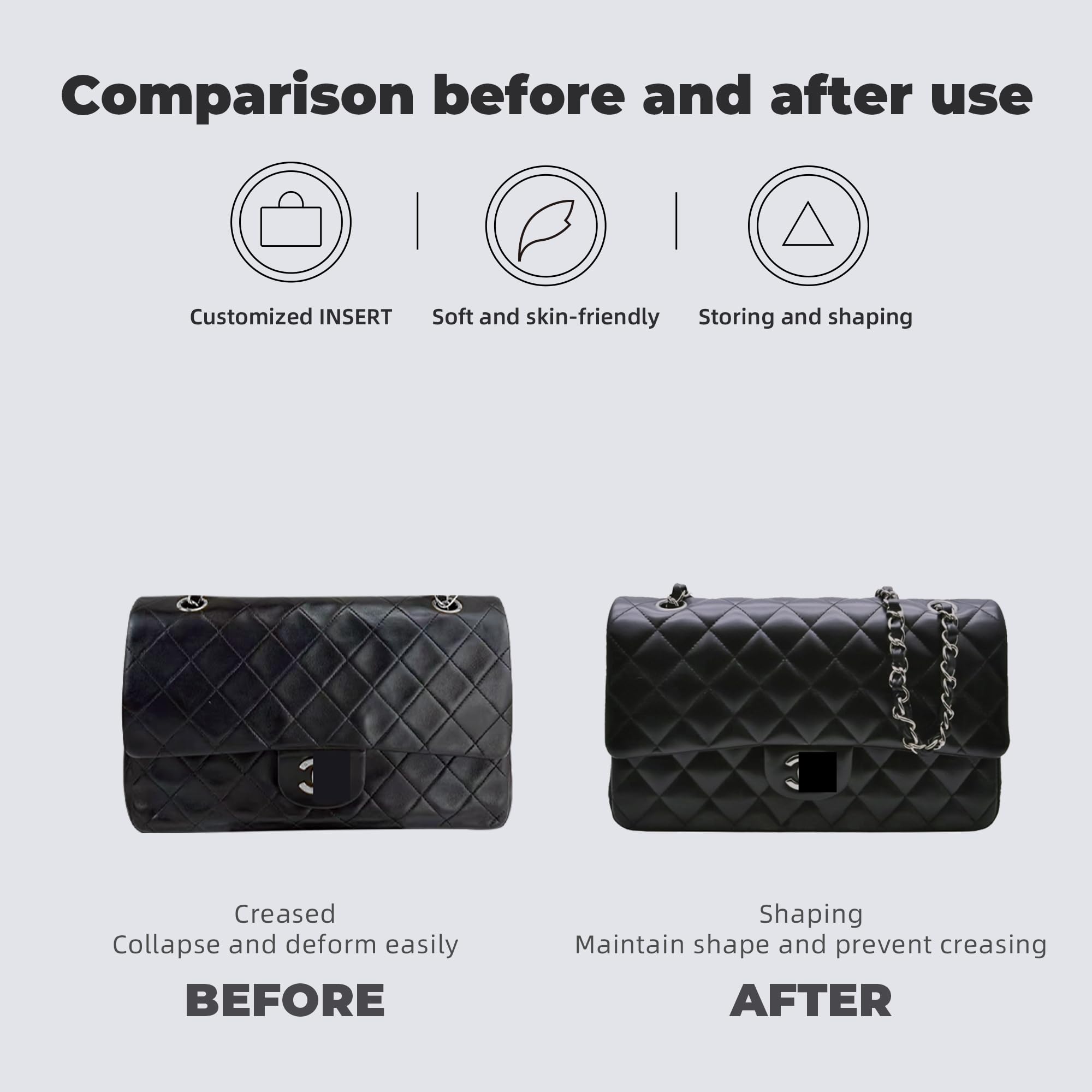 XYJG Purse Handbag Silky Organizer Insert Keep Bag Shape Fits Chanel Classic Flap CF Mini Square 17/20/Small/Medium/Jumbo/Maxi Bags, Luxury Handbag Tote Lightweight Sturdy(CF Medium 25,Pink)