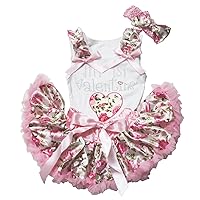 My 1st Valentine Dress Heart White Cotton Shirt Pink Floral Baby Skirt Set 3-12m