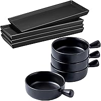 Bruntmor Black Ceramic Platters and Trays – High-Grade Dishes Dinner Trays, Safe for Dishwasher and Set Of 4 Porcelain Matte Glaze Bowl with Handle French Onion Soup Bowl Bakeware
