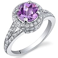 Peora Created Pink Sapphire Ring for Women in Sterling Silver, Vintage Halo Design, 1.75 Carats Round Shape, 7mm, Sizes 5 to 9