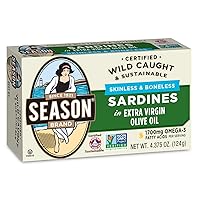 Season Sardines in Extra Virgin Olive Oil – Skinless & Boneless, Wild Caught, 22g of Protein, Keto Snacks, More Omega 3's Than Tuna, Kosher, High in Calcium, Canned Sardines – 4.37 Oz Tins, 12-Pack