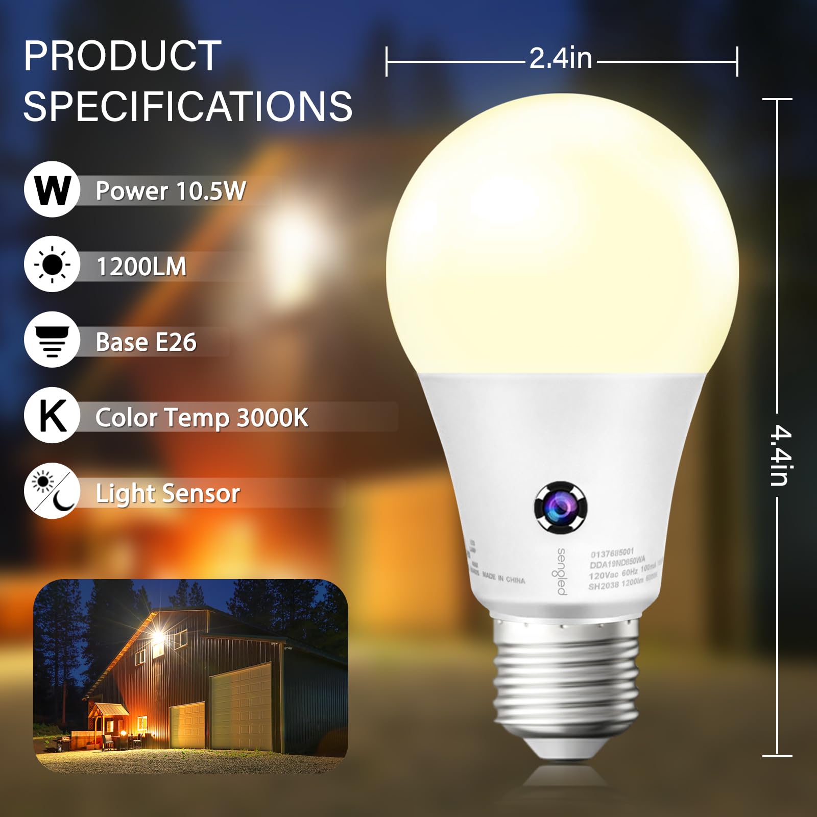 Sengled Dusk to Dawn Light Bulbs, A19 10.5W (75W Eqv.) LED Auto On Off Light Bulbs, 1200 Lumens, E26 Base, 3000K Warm White Bulb for Outdoor Lighting, Pack of 6, UL Listed