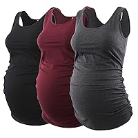 Ecavus 3PCS Womens Layering Maternity Tank Top Pregnancy Shirt Scoop Neck Sleeveless Ruched Vest