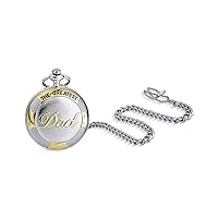 Bling Jewelry Retro Vintage Style Two Tone Daddy Father Gift Word Best Greatest DAD Skeleton Pocket Watch for Men Numeral White Dial Gold Silver Plated Finish with Long Pocket Chain