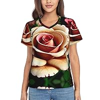 Rustic Rose Flower Women's T-Shirts Collection,Classic V-Neck, Flowy Tops and Blouses, Short Sleeve Summer Shirts,Most Women