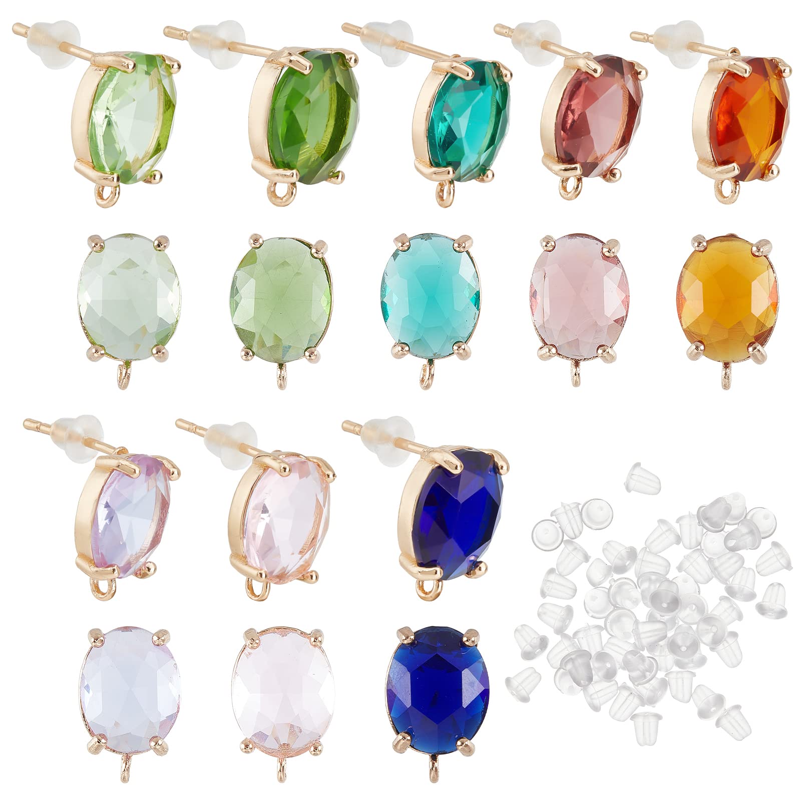 SUPERFINDINGS 16Pcs 8 Colors Brass Stud Earring Findings with Glass Gold CZ Earring Findings Oval Ear Piercing Plugs with Loop for Dangle Earring Jewelry Making,Hole: 1.2mm, Pin: 0.6~0.7mm