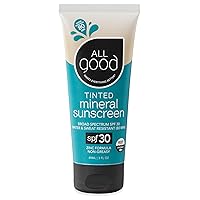 All Good Tinted Mineral Sport Sunscreen Lotion for Face & Body - UVA/UVB Broad Spectrum, SPF 30, Coral Reef Friendly, Water Resistant, Coconut Oil, Jojoba Oil, Shea Butter, Aloe (3 oz)