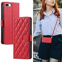 Crossbody Wallet for iPhone 8 Plus/iPhone 7 Plus Case with Adjustable Lanyard Strap Credit Card Holder 5.5‘’,PU Leather Handbag Kickstand Lattice Pattern Cover Case for Men Women Girl (Red)