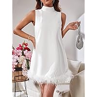 Dresses for Women - Stand Neck Fuzzy Trim Dress (Color : White, Size : Small)