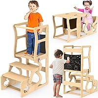 Toddler Tower, Kitchen Stool Helper for Toddlers, Learning Wooden Tower with Chalkboard and Backrest, 3 in 1 Kitchen Standing Tower, Foldable Weaning Table with Safety Rail, Step Stool Montessori