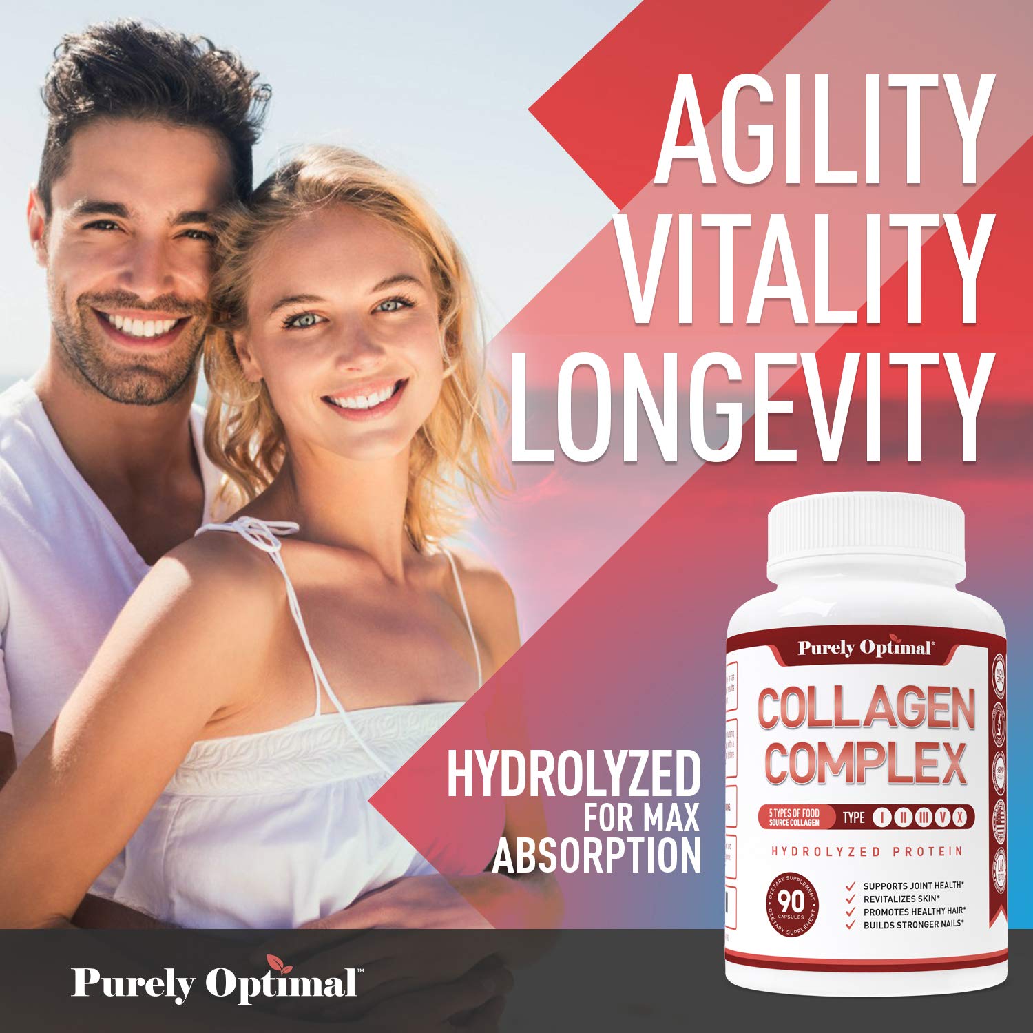 Purely Optimal Premium Multi Collagen Peptides Capsules (Types I, II, III, V, X) - Hair, Skin and Nails, Digestive & Joint Health Supplement, Hydrolyzed Collagen Pills (90 Capsules)