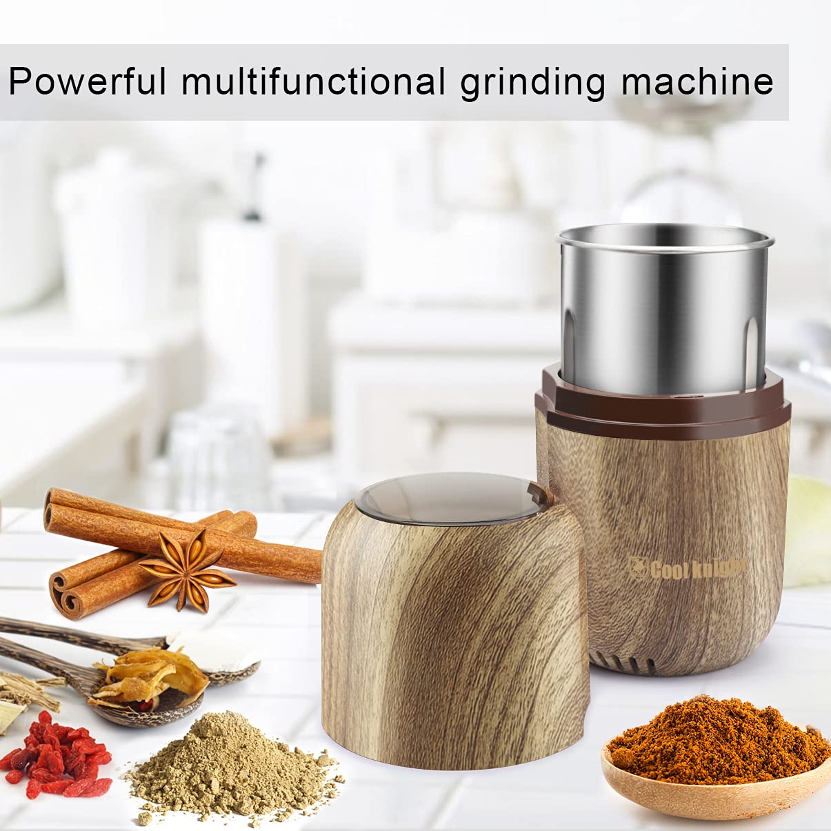 COOL KNIGHT Herb Grinder Electric Spice Grinder [Large Capacity/High Rotating Speed/Electric]-Electric Grinder for Spices and Herbs (Wood grain 2)
