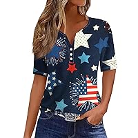 4th of July Shirts Women,Women's Summer Tops for Women 2024 Short Sleeve Independence Day Basic V Neck Button Casual Top