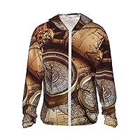 Compass And Old World Map Print Sun Protection Hoodie Jacket Full Zip Long Sleeve Sun Shirt With Pockets For Outdoor