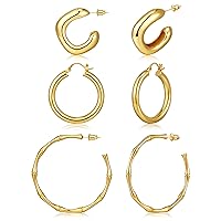 Chunky Gold Hoop Earrings for Women 3 Pairs Thick Gold Hoops 14K Gold Plated Trendy Earrings Set for Girls Gift Lightweight