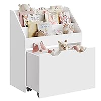 SONGMICS Kids Bookshelf and Toy Organizer, Toy Storage Chest and Bookcase with 3 Shelves, Storage Box with Wheels, Multipurpose, for Children's Room and Playroom, Cloud White UGKR041W10