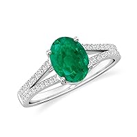 Natural Emerald Oval Split shank Ring with Diamonds for Women in Sterling Silver / 14K Solid Gold/Platinum