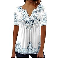 Womens Tops Summer Floral Tops Button Notched V Neck Dressy Casual Blouse Short Sleeve Trendy Boho Tops Pleated Tunics
