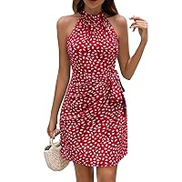 Womens Summer Dresses, Daily Neck Sleeveless Floral Pleated Short for Women Ruched Dress, S, XL