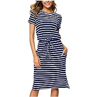 Today Deals Women Summer Casual Midi Dresses Striped Short Sleeve Casual Dress Drawstring Waist Knee Length T Shirt Dress with Pocket Vestido Mujer Elegante Blue