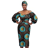 2022 Dashiki African Dresses for Women, V-Neck, Knee-Length, Cotton, Latern Sleeve, Slim Print Dress with Turban Headtie