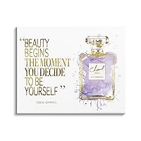Stupell Industries Beauty Begins Designer Quote Purple Glam Perfume Bottle, Design by Amanda Greenwood, 20 x 16