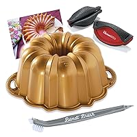 Nordic Ware Original 12 Cup Anniversary Gold Bundt Pan With 3 in 1 Bundt Cleaning Tool + Recipe Card and Kitchen Grips Heat Resistant Pot Handle Holder