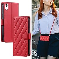 Crossbody Wallet for iPhone XR Case with Adjustable Lanyard Strap Credit Card Holder 6.1‘’,PU Leather Handbag Kickstand Lattice Pattern Cover Case for Men Women Girl (Red)