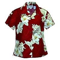Pacific Legend Womens Plumeria Hibiscus Feather Fern Fitted Shirt Red XXL