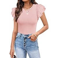 OWIN Women's Summer Round Neck Ruffle Short Sleeve T shirts Bodysuit Stretchy Slim Fit Ribbed Knit Leotard Tops