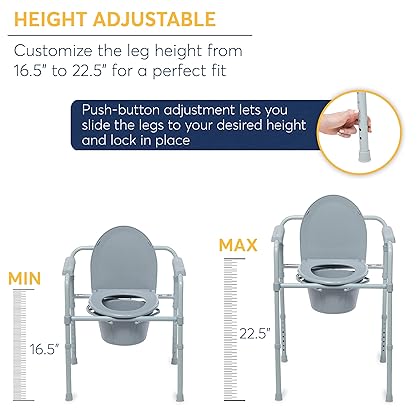 Drive Medical 11148-1 Folding Steel Bedside Commode Chair, Portable Toilet, Supports Bariatric Individuals Weighing Up To 350 Lbs, with 7.5 Qt. Bucket and 13.5 Inch Seat, Grey