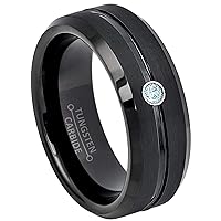 8MM Brushed Finish Black IP with Grooved Center Beveled Edge Tungsten Carbide Wedding Band - 0.07ct Topaz Tungsten Ring - November Birthstone Ring