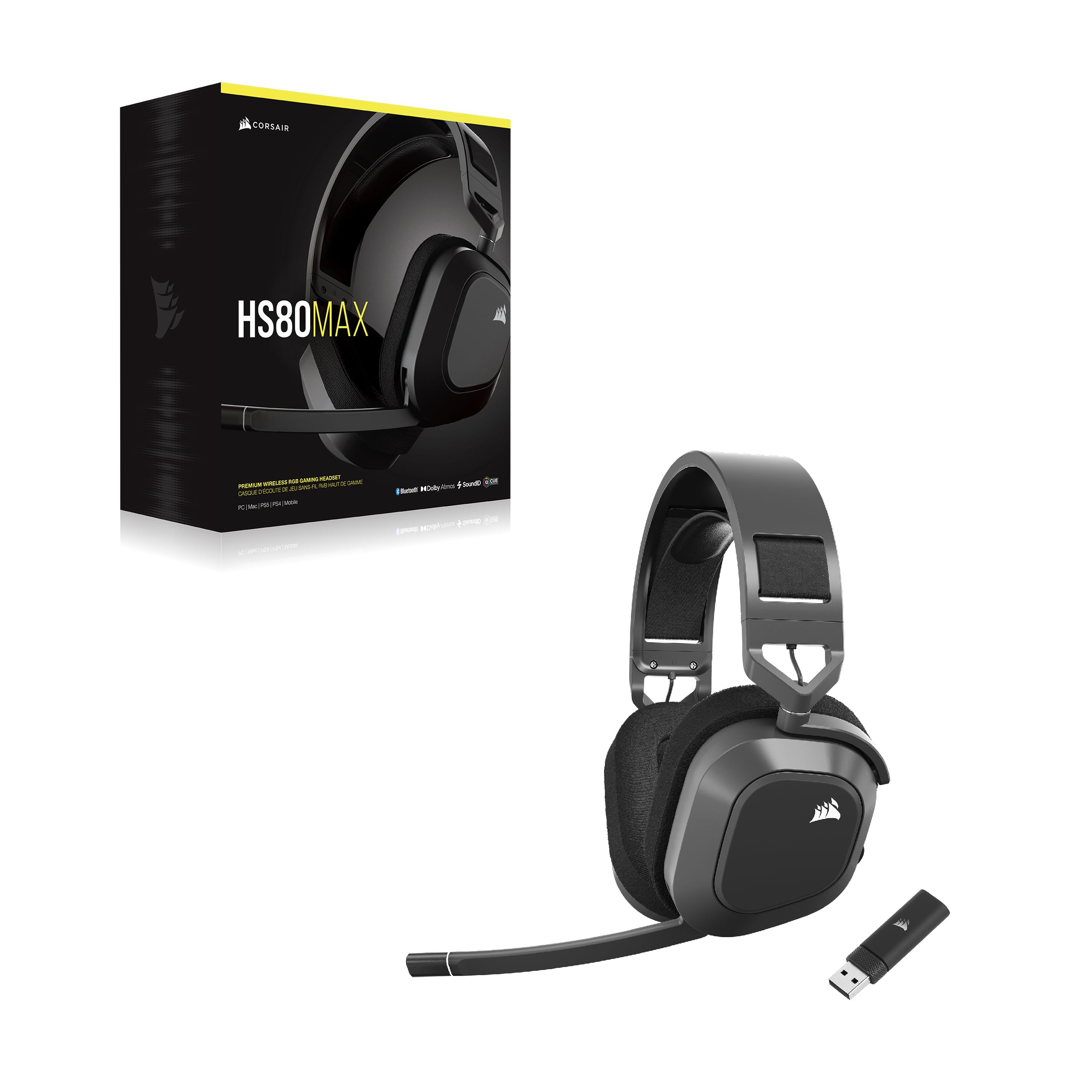 Corsair HS80 MAX Wireless Multiplatform Gaming Headset with Bluetooth - Dolby Atmos - Broadcast Quality Microphone - iCUE Compatible - PC, Mac, PS5, PS4, Mobile - Steel Gray