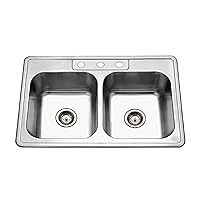 Houzer 3322-8BS3-1 Glowtone Series Topmount Stainless Steel 3-hole 50/50 Double Bowl Kitchen Sink, 8-Inch Deep