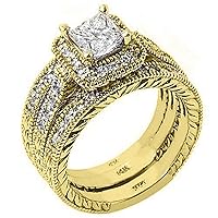 14k Yellow Gold Princess & Pave Diamond Engagement Ring Bridal Set 1.73 Carats