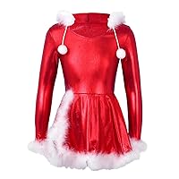 CHICTRY Kids Girls Long Sleeve Faux Fur Metallic Hooded Christmas Dress Skating Dancing Leotard Costume