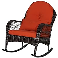 Outdoor Wicker Rocking Chair, Patio Rattan Rocker w/Lumbar Pillow, Padded Seat & Back Cushions, Metal Frame, Mix Brown Wicker Furniture for Balcony, Porch, Deck, Backyard (Red)