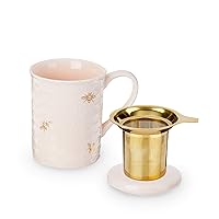 Annette Ceramic Tea Mug and Loose Leaf Tea Infuser, Loos Leaf Tea Accessories, Tea Tumbler Cup, Honeycomb Design, 12 oz