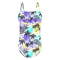 CHICTRY Kids Girls Floral Printed Ruffles Cirss Cross Back One Piece Swimsuit Bathing Suit Beachwear Palm Purple 14