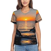 Sunset Dolphins Women's T-Shirts Collection,Classic V-Neck, Flowy Tops and Blouses, Short Sleeve Summer Shirts,Most Women