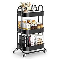 EAGMAK 3 Tier Metal Rolling Cart, Oval Utility Cart with Lockable Wheels, Multifunctional Storage Cart Organizer Trolley with Mesh Shelves for Living Room, Kitchen, Bedroom, Office (Matte Black)