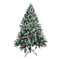 AGM Christmas Tree 7ft Artificial Pine Tree with Foldable Metal Stand, Pine Cone and red Fruit, 7 Feet Tall Flocked Snow Trees for Holiday Christmas Decoration