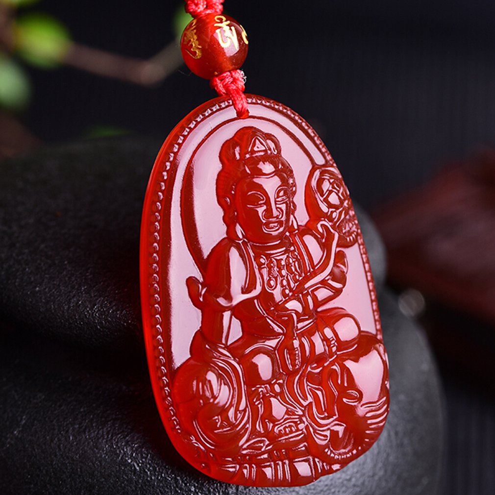 Buddha Pendant Necklace Bodhisattva Amulet Talisman Made of Agate Gemstone red green (green agate Akasagarbha (Space))