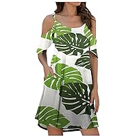 Summer Cold Shoulder T-Shirt Dress Women Hawaiian Leaves Print Tunic Mini Dress Casual Beach Dresses with Pockets