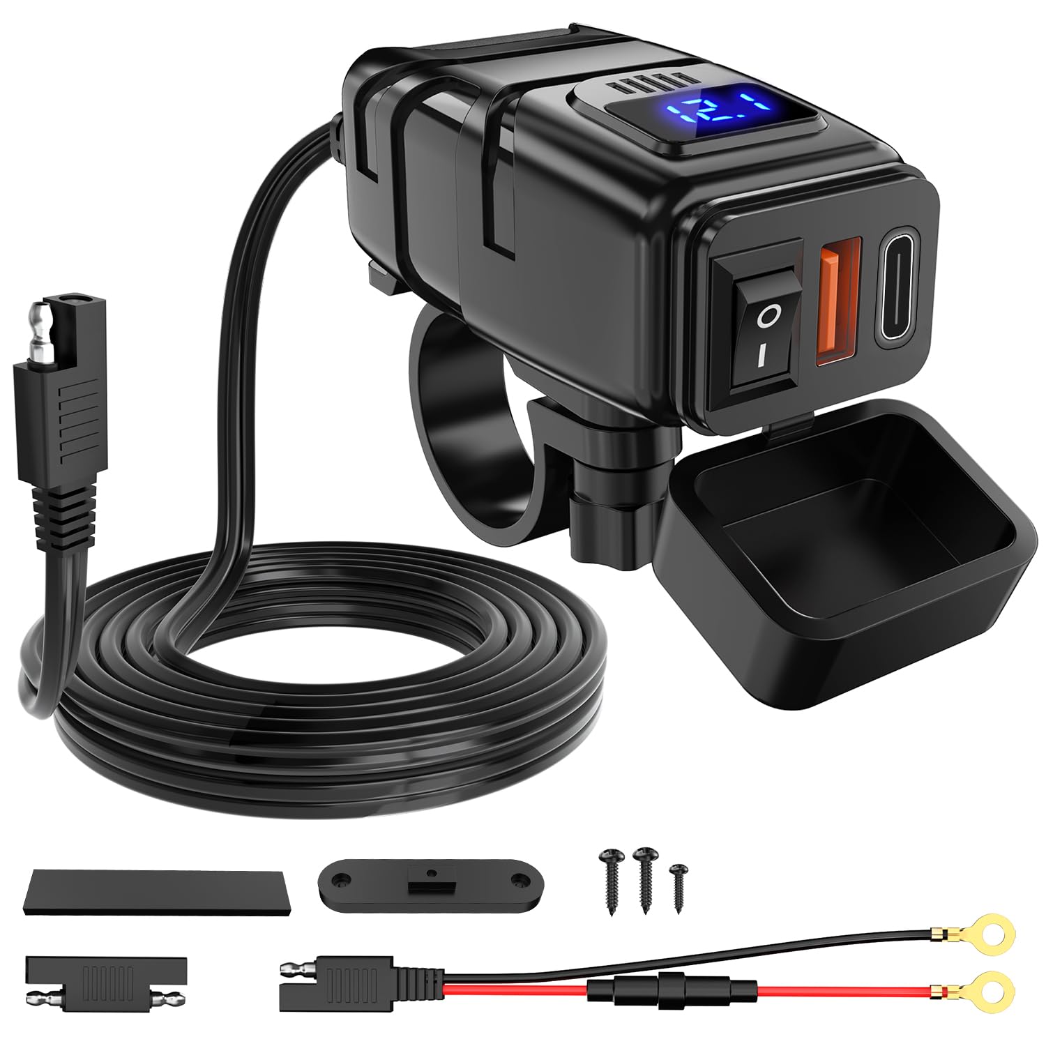 Nilight Motorcycle Charger with USB Type C Port 12V Voltmeter Independent On Off Switch SAE Inline 10A Fuse Waterproof 6.8A QC3.0 Fast Charging Phone Tablet for 7/8inch Handlebar,2 Years Warranty