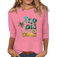 Hawaii Shirt for Women Trendy 3/4 Length Sleeve Tops Casual Crewneck Summer T Shirt Beach Tees Shirt Loose Fit Baisc Tees