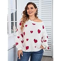Plus Size Women for Sweater - Plus Allover Heart Pattern Drop Shoulder Fluffy Knit Sweater (Color : White, Size : XX-Large)
