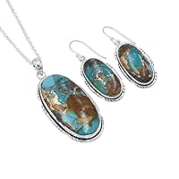Turquoise Pendant Necklace Earrings Set Genuine Turquoise 18 Inches Necklace for Women and Girls