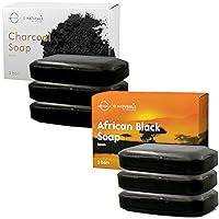 O Naturals Moisturizing African Black Soap & Detoxifying Charcoal Soap Bar Bundle. Two 3 Packs, 4 Ounce Each Bar Of Soap.
