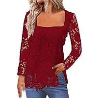 Lace Tops for Women Dressy Casual Square Neck Long Sleeve Crochet Tops Elegant Cute Summer Tunic Blouses Shirts